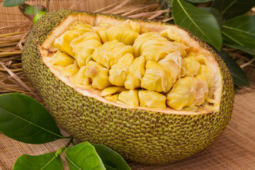 Fresh ripe jackfruit. Fresh sweet jackfruit segment ready for eat. Cutting jackfruit. Fresh sweet...