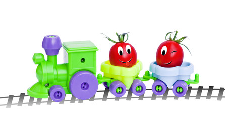 Ripe cherry tomatoes in a toy train. Funny characters from the original idea of the concept.