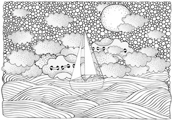 The Boat floating on the waves. Night, moon,waves, boat, sea, art background. Vector pattern for adult coloring book. Black and white.