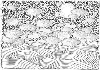 Fototapeta premium Black and white fantasy picture with moon, sea, and clouds. Beach landscape. Pattern for adult Coloring book page.