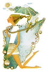 Symbol of the astrological sign Cancer; A barefoot girl in a white dress with a cancer clinging to her hair against the backdrop of a mountain landscape. Symbol of the astrological sign Cancer.