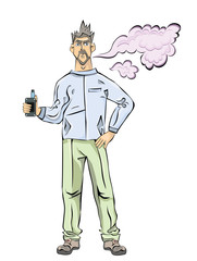 Young Men with beard vaping. Cloud of vapor. Vector illustration, isolated on white background.