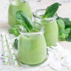 Vanilla, mint, spinach and coconut milk detox green smoothie, square format