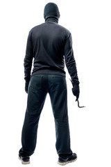 Full length criminal with a crowbar on a white background