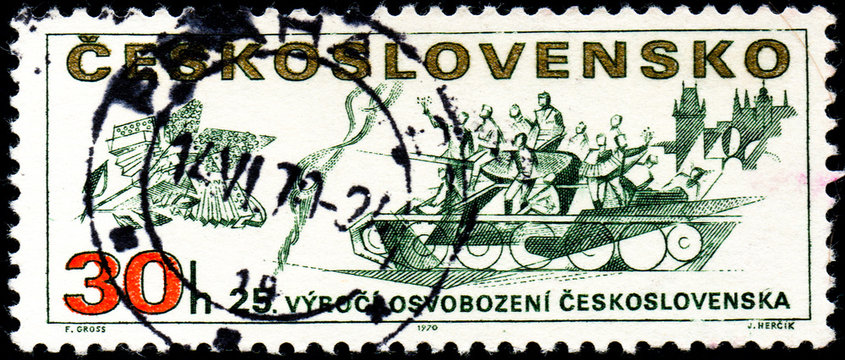 UKRAINE - CIRCA 2017: A stamp printed in Czechoslovakia shows 25th anniv. of the liberation of Czechoslovakia, from series Prague Uprising, Liberation of Czechoslovakia, 25th Anniv., circa 1970