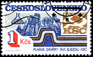 UKRAINE - CIRCA 2017: A stamp printed in Czechoslovakia shows Chemical industry, from series 16th Communist Party Congress goals and projects, circa 1983