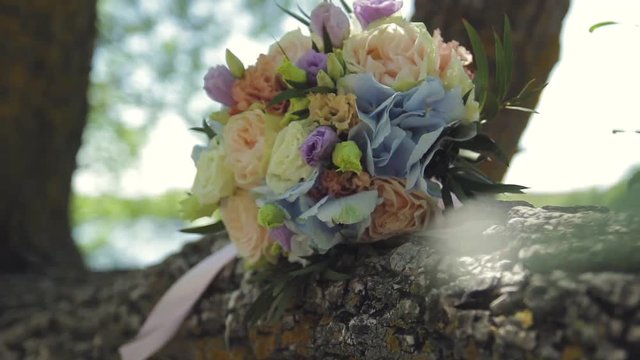 Rings newlyweds and a bride bouquet with accessories