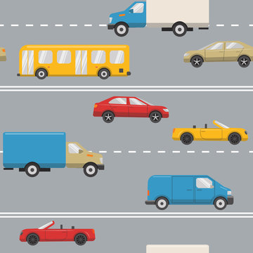 Seamless pattern with urban transport on the road - cars, trucks, bus