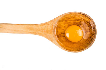 open egg on wooden spoon isolated