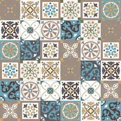 Deurstickers Marokkaanse tegels Portugese traditionele sierlijke azulejo, verschillende soorten tegels 6x6, naadloos vectorpatroon in natuurlijke kleuren, beige, crème en wit