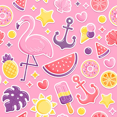 Summer beach elements seamless pattern.  Flamingo, ice cream, watermelon, sun, monstera, pineapple. Vector illustration