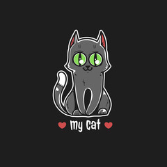 Nice Cat. Vector graphic illustration with original character. Grey kitten with green eyes. It can be used for printing on t-shirts, postcards, or used as ideas for tattoos.