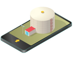 Grain silo isometric building in mobile phone, isometric. Ochre seed elevator agriculture, farming, husbandry in communication technology paraphrase. Isolated vector illustration, white background. © weenee
