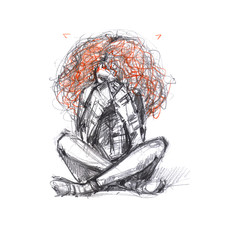 Redhead curly girl hiding behind long sleeves. Modern illustration with teenager. Sketch style. - 165086735