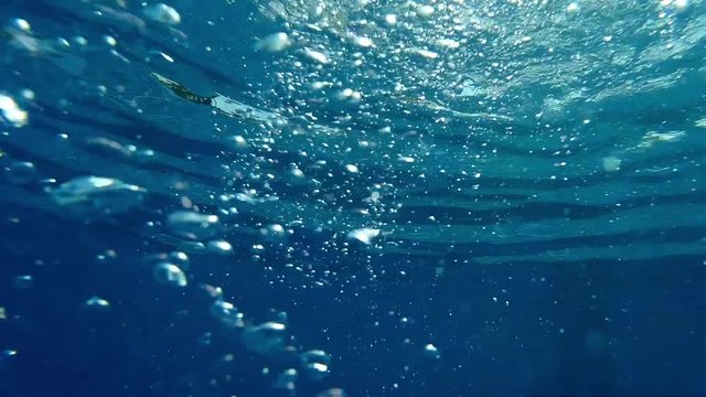 Beautiful water background. Bubbles in the water. Bubbles of air under the water in the pool.