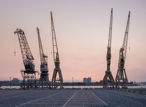 Old harbor cranes in the Antwerp district known as Eilandje,.