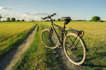 Fototapeta premium Photo of a bicycle standing on a path in the meadow