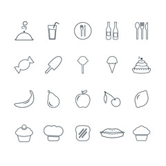 Food, fruit, baking and dessert icons set. Line vector signs and symbols.