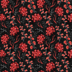 Hand drawn Floral pattern. Seamless vector texture. Elegant template for fashion prints. Surface with meadow flowers and herbs. Dark red and black background
