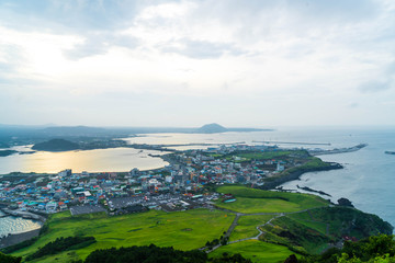 Fototapeta na wymiar Jeju city skyline view from Seongsan Ilchulbong, Jeju Island.
