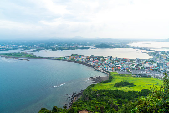 Jeju city skyline view from Seongsan Ilchulbong, Jeju Island.