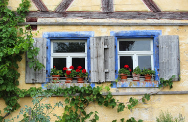 Fototapeta na wymiar two old windows with shutters and red geraniums