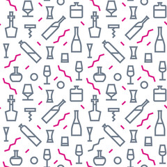Vector Illustration of Bar Bottle Seamless Pattern Outline for Design, Website, Background, Banner. Alcohol Element for Barman Infographc. Menu or restaurant Element Template. Hipster fashion. Memphis