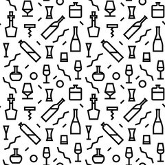 Vector Illustration of Bar Bottle Seamless Pattern Outline for Design, Website, Background, Banner. Alcohol Element for Barman Infographc. Menu or restaurant Element Template. Hipster fashion. Memphis