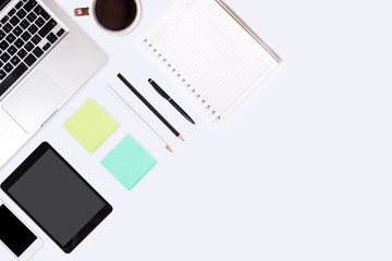 Top view of  white office desk table.