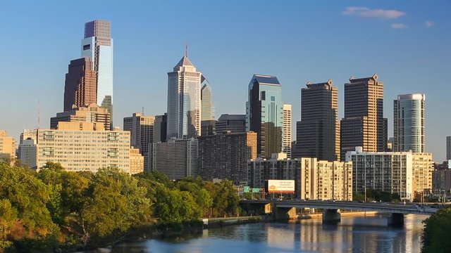 Philadelphia cityscape downtown landmark skyscrapers and Schuylkill River in Pennsylvania USA