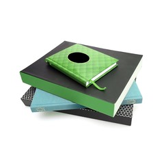 Stack of books on white background