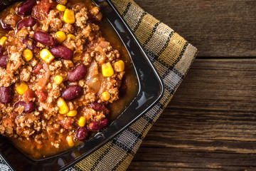 Chili con carne in a bowl.
