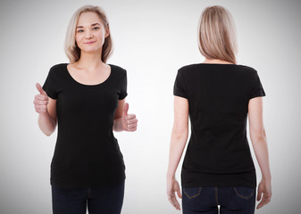 Shirt design and people concept - close up of young woman in blank black tshirt front and rear isolated. Mock up template for design print