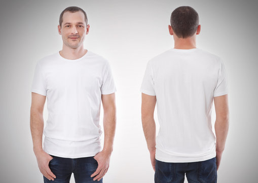 Shirt Design And People Concept - Close Up Of Young Man In Blank Black Tshirt Front And Rear Isolated. Mock Up Template For Design Print