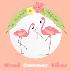 Fototapeta premium Summertime. Good vibes only with two flamingos and a cocktail in trendy colors.