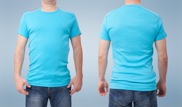Shirt design and people concept - close up of man in blank white t-shirt front and rear isolated. Clean empty mock up tamplate for design set.