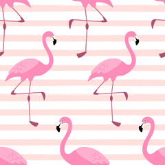 Cute exotic tropical seamless background with cartoon characters of pink flamingos © C Design Studio