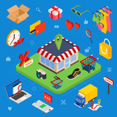 Flat 3d web isometric e-commerce, electronic business, online shopping, payment, delivery, shipping process, sales, black friday infographic concept vector