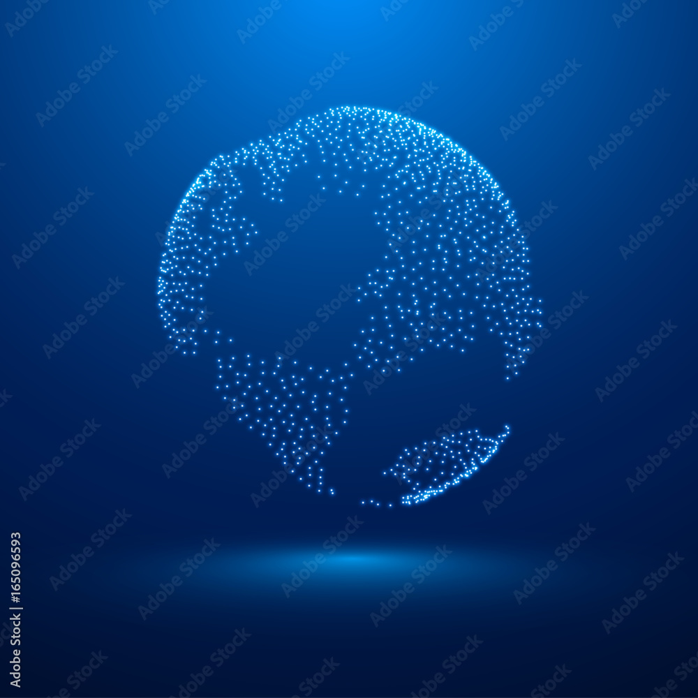Poster planet earth or world with continents of the luminous dots in the blue space. technology background.