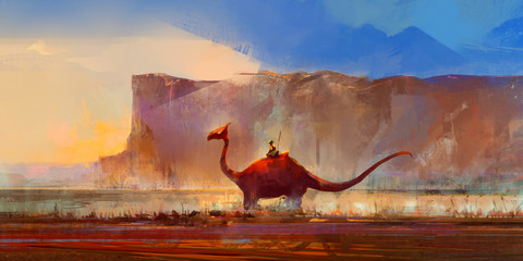drawn dinosaur on a background of mountains © khius