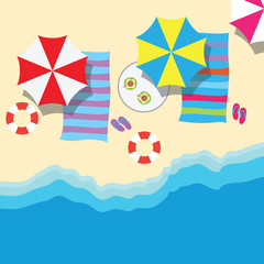 top view of summer vacation with beach items and wave. vector illustration