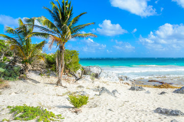 Paradise beach of Tulum, Quintana Roo, Mexico. Mayan ruins of Tulum at tropical coast.