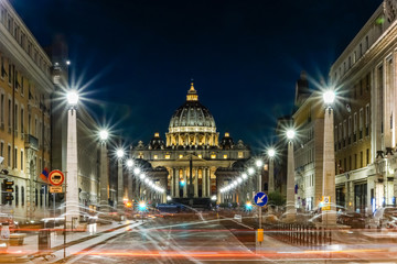 Fototapeta na wymiar Night view on the Saint Peter's Basilica in Vatican, Rome, Italy.