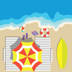 top view of summer vacation with beach items and wave. vector illustration