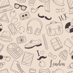 Seamless background, pattern, wallpaper, texture. Template for flyer, advertisement, banner. Vector Doodle Icons Collection. Hipster accessories. Hipster style elements and icons set for retro design