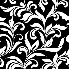 Elegant seamless pattern. Tracery of swirls and decorative leaves on a black background. Vintage style. It can be used for printing on fabric, wallpaper, wrapping