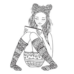 A girl is sitting and reading, using a tablet, laptop and mobile phone. Adult Coloring book page. Zentangle style. Black and white.