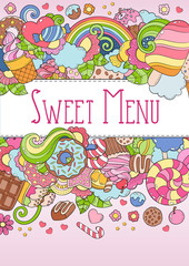 Doodle hand drawn vector illustration, abstract background, pattern, wallpaper, backdrop. Collection of color, bright sweets, desserts, pastries, ice cream, candy elements set. dessert menu template