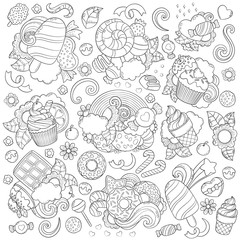 Doodle vector illustration, abstract background, texture, pattern, wallpaper, Collection of sweets, desserts, ice cream, candy elements set. Freehand sketch for adult anti stress coloring book page