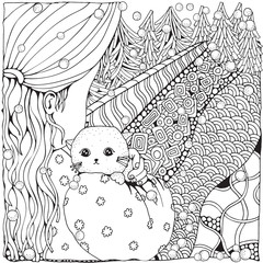 Fototapeta premium Cute cartoon girl with cat. Winter. Snowing. Adult Coloring book page. Firs. Christmas trees. Black and white. Black and white vector.